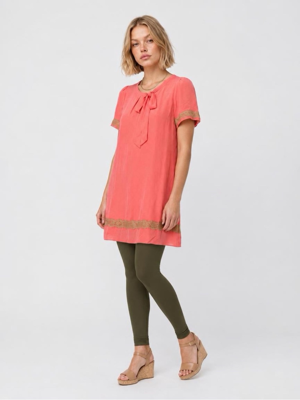 Gypsy 05 Los Angeles Silk Coral Tunic Top Small Lace Trim Tie Neck Boho